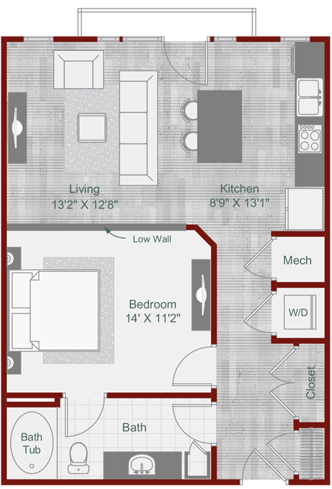 Floor plan for studio, 1 bath, 701 sqft